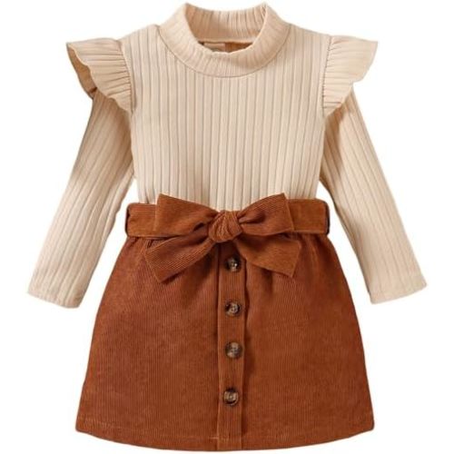 AMAWMW Toddler Baby Girl Fall Winter Clothes Long Sleeve Ruffle Shirt Corduroy Mini Skirt Infant Girl A-line Dress