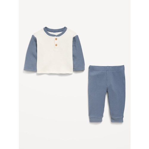 Long-Sleeve Waffle-Knit Henley Top and Pants Set for Baby