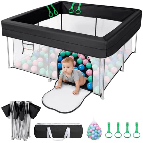 Baby Playpen, Foldable, No Assembly Required, 50x50 in, Black | Visible Mesh Sides, 4 Pull-up Rings, 50 Balls, Carry Bag, Easy to Store, for crawling, standing, play
