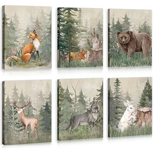 HPNIUB Woodland Animal Nursery Canvas Wall Art, Wild Animals Forest Paintings, Set Of 6 Piece (8x10inch,Framed) Watercolor Fox Bear Deer Poster Printing Artwork for Kids Room Boys Room Home Decoration