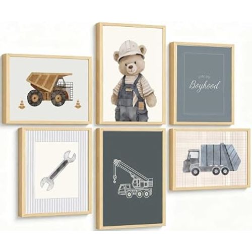 6Pcs Vintage Construction Truck Nursery Canvas Wall Art Funny Teddy Bear Posters Print Artwork Boys Room Painting Pictures Wall Decor for Bedroom Playroom Home Decoration 12x16in Unframed
