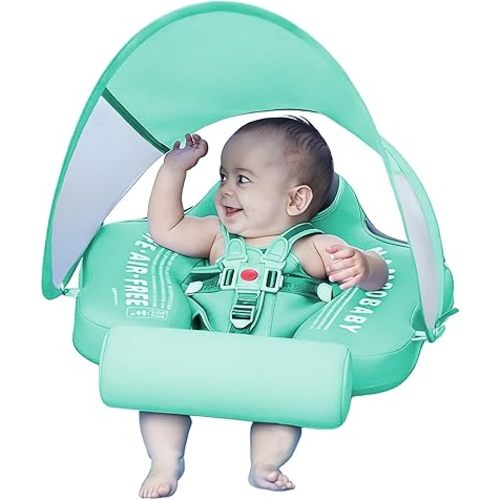Mambobaby Float with Tail and Canopy Non-Inflatable Baby Swim Float Mambo Float Smart Swim Trainer Infant Swim Pool Float Swim Ring for 3-24months Girls Boys