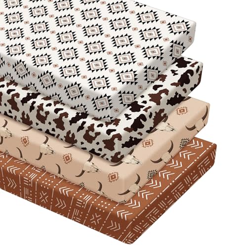 VitalCozy 4 Pcs Aztec Western Crib Sheet Set Newborn Bedding Nursery Baby Sheets for Girl Boys Baby Gifts for Standard Crib and Toddler Mattresses, 52 x 28 x 8 Inches