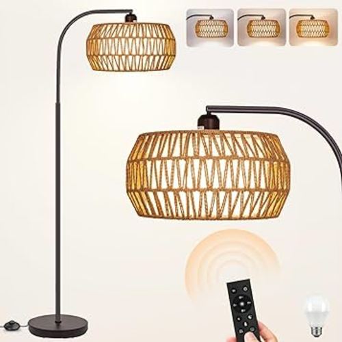 Rattan Standing Lamp with Remote and Dimmable Bulb, Bronze Arch Floor Lamp, Over Couch Lamp with Foot Switch, Brown Boho Lamp for Living Room, Bedroom, Office, Classroom