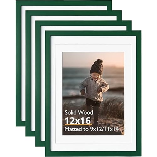 KINLINK 12x16 Picture Frame Green, Solid Wood Frames with Acrylic Plexiglass for Pictures 11x14/9x12 with Mat or 12x16 without Mat, Wall Display Photo Frame, Set of 4