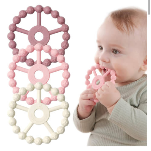 3 Pack Ring Teether Baby Infant Toys, Baby Essentials, Silicone Teething Ring Toys for Babies 0-6 Months, Seposeve Toddler Teethers 6-12 Months 12-24 Months, Infant Teething Relief, Purple Pink White
