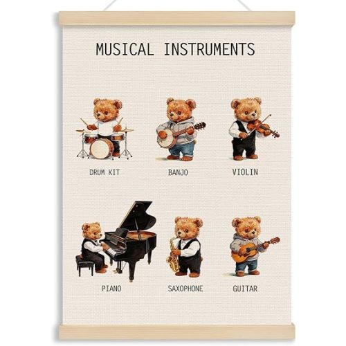 MOTERMATE Musical Bear Nursery Classroom Poster Hanger Frame, Musical Instruments Educational Wall Hanging Decor Art Framed for Kids Nursery Room, Music Educational Wall Poster Prints, 12x16 Inch
