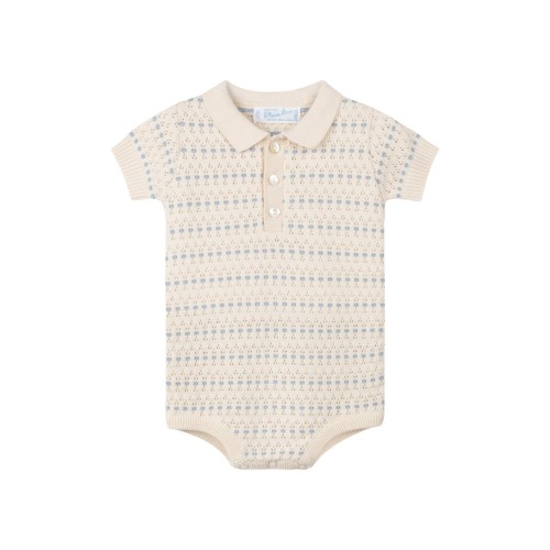 Floral Jacquard Pointelle Knit Cotton Polo Bodysuit, 3M