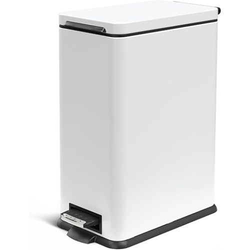 Home Zone Living 8 Gallon Slim Trash Can with Soft Close Lid, Step Pedal, Bag Tuck Band, and Removable Liner, Stainless Steel, Matte White, 30 Liters