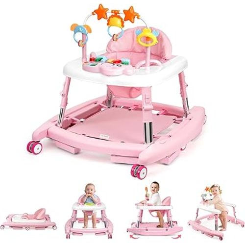 5-in-1 Music and Lights Baby Walker Foldable with 5 Adjustable Heights, Baby Walker with Wheels and Bouncer Combo Portable, Infant Toddler Walker for Baby Boy Girls 6-18 Months