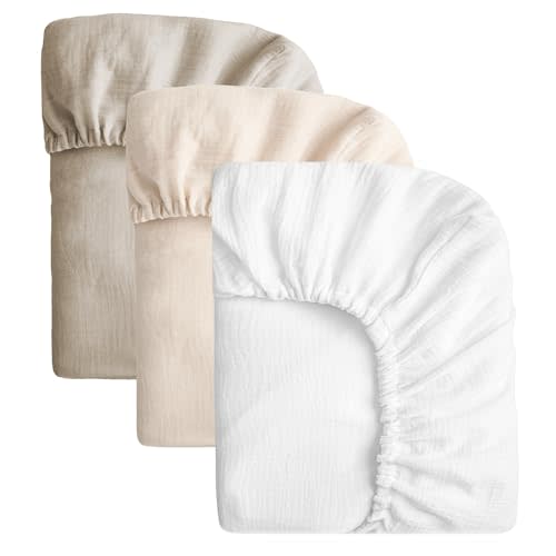 SOULFUL Muslin Crib Sheets for Boys Girls, 2 Pack Soft and Breathable Cotton Fitted Crib Sheets for Standard Crib Mattress (28"x 52", White & Beige & Light Tan)