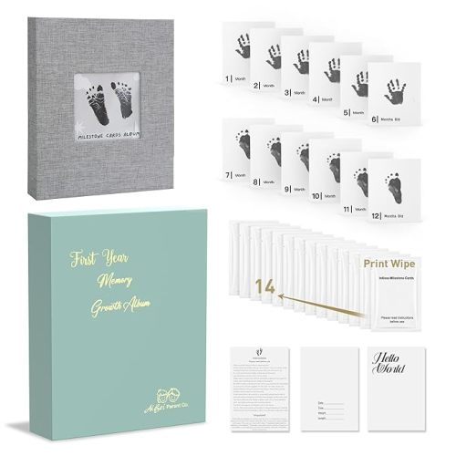 Baby Inkless Milestone Cards Hand Casting Kit Ink Print Hand and Footprint Kit Dog or Cat Pet Paw Print Kit Baby Newborn Footprint Kit Photo Album Keepsake Book Feet Stamp (Green Gift Box + Album)
