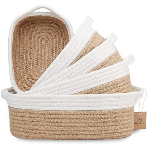 NaturalCozy 5-Piece Rectangle Storage Basket Set- Natural Cotton Rope Woven Baskets for Organizing! Small Basket for Montessori, Baby Nursery, Dog Toy Baskets, Cat Toy Box, Bathroom Organization Bin