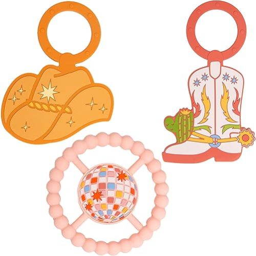 Reece Studio Disco Cowboy Teether Set of 3, Baby Sensory Toys, Montessori Developmental Teether Rings, Soft Chew Toys for Infant Learning and Teething Relief