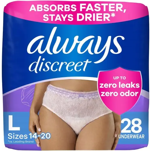 Always Discreet Adult Incontinence Underwear for Women and Postpartum Underwear, Large, Up to 100% Bladder Leak Protection, 28 Count