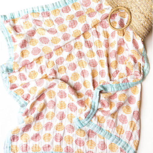 Sea Shells – Aqua Trim | 6-Layer Organic Bamboo Baby Blanket – Coca + B.
