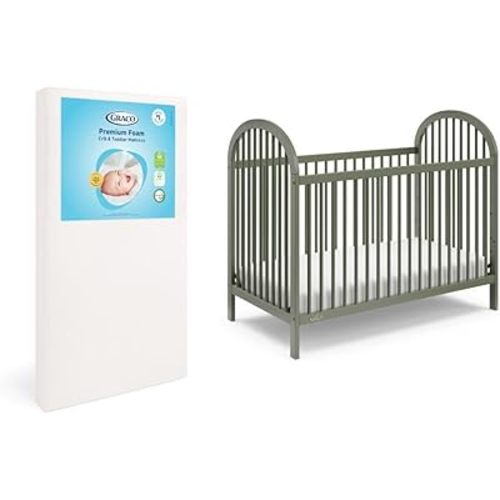 Graco Olivia Convertible Crib and Graco Premium Foam Crib & Toddler Bed Mattress Bundle (Olive) – GREENGUARD Gold Certified, Standard Crib Mattress, Baby Crib Converts to Toddler Bed & Daybed