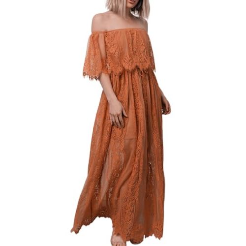 HOYISHION Women's Off The Shoulder Floral Lace Maxi Dress White Bridesmaid Wedding Party Maternity Photoshoot Long Dresses