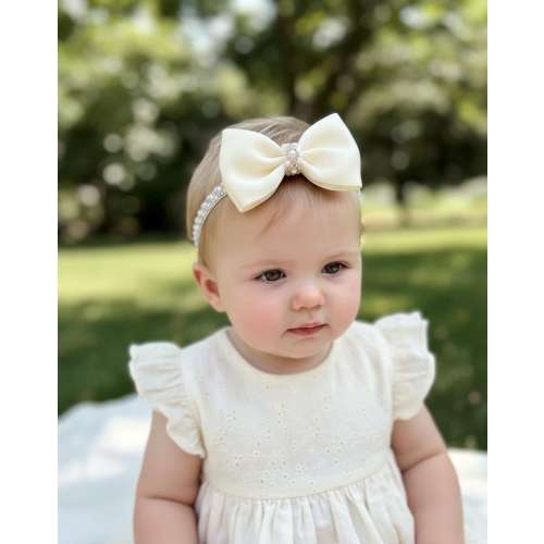 Baby Satin Bow Headband with Pearls: Baptism, Flower Girl, Party Accessory