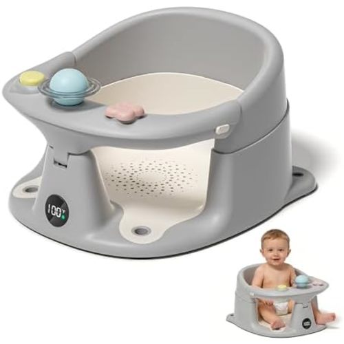 Baby Bath Seat for Babies 6 Months & up with Thermometer, Non-Slip Toddler Bath Seats for Sitting Up, Safe Infant & Newborn Bathtub Chair with 4 Suction Cups, Soft Cushion & Temperature Display, Gray