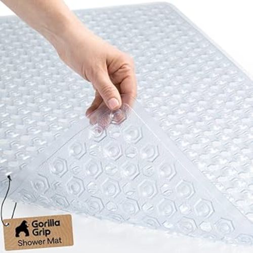 GORILLA GRIP Patented Bath Tub Shower Mat, Machine Washable Bathtub Floor Liner Mats, Suction Cups and Drain Holes to Keep Tubs Clean, Soft on Feet, Bathroom Essentials, 35x16 Inch, Clear