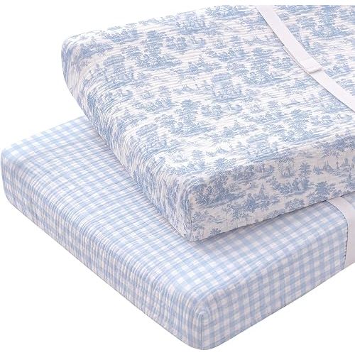 Breling 2 Pack Blue Gingham Toile Muslin Changing Pad Covers for Boys Girls