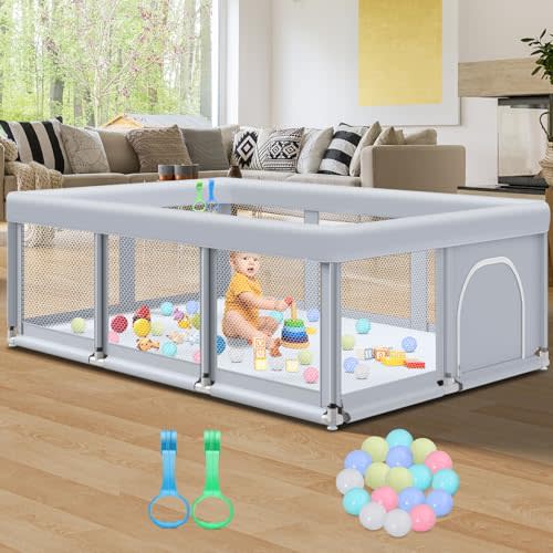 Fshibila 74" ×50" Large Baby Playpen, Baby Playard for Babies and Toddlers, PlayPen for Indoor & Outdoor, Sturdy Safety Play Yard with Soft Breathable Mesh, Anti-Fall, Ball x 18, Handle x 2, Grey