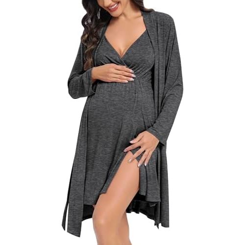 DIKFA Womens Maternity Set 2PCS Nursing Nightgown for Breastfeeding 3 in 1 Labor Delivery Nursing Dress Birthing Bathrobe Set