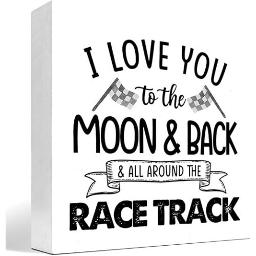 z-crange I Love You To The Moon And Back And All Around The Race Track Wood Box Sign Desk Decor,Farmhouse Racing Checkered Flags Box Block Sign for Home Boys Room Shelf Table Decor Decorations