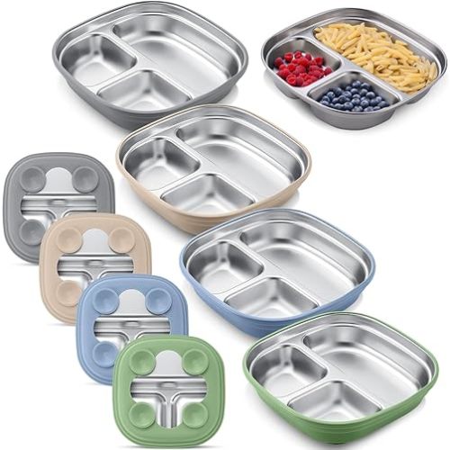 Geiserailie Square Stainless Steel Toddler Plates with Suction – 7.68” Divided Plates with Removable BPA-Free Silicone Sleeves, Unbreakable Baby Feeding Dishes Set of 4(Blue,Green,Beige,Gray)