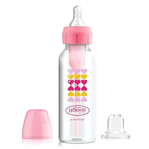Dr. Brown's Anti-Colic Options+ Narrow Sippy Bottle Starter Kit, 8oz/250mL, with Level 3 Medium-Fast Flow Nipple and Soft 100% Silicone Sippy Spout, Pink, BPA Free, 6m+