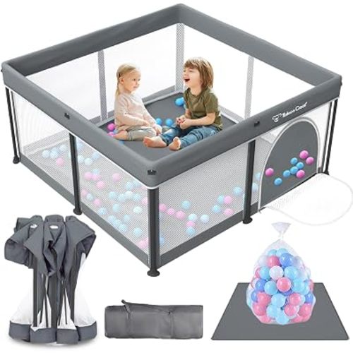 Taleco Gear Foldable Baby Play Pen with Mat, 50''x50'' Playpen for Babies and Toddlers, Playpen for Baby with Gate, Breathable,Foldable Travel Play Pen with 50 Ocean Balls
