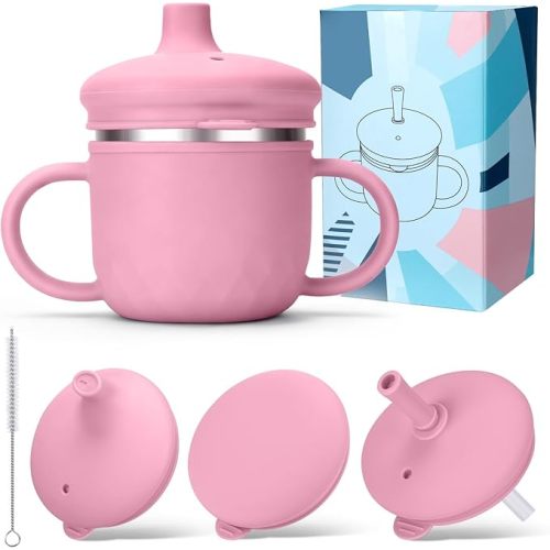 BUSOHA Stainless Steel Toddler Sippy Cup – 8oz Spill-Proof Straw Cup for 6+ Month Babies & Toddlers, 3-in-1 Reusable Travel Cup with Brush – Dishwasher Safe, Kids Drinking Cup, Pink