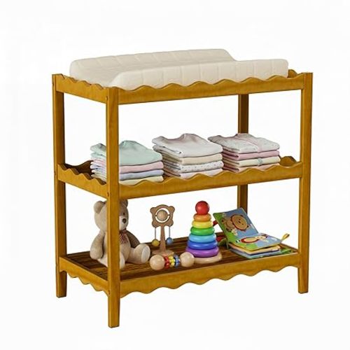 Baby Changing Table, Portable Changing Table, Compact and Lightweight, Solid New Zealand Pinewood, Two Storage Wave-Shaped Shelves, Nursery Organizer, Natural Wood