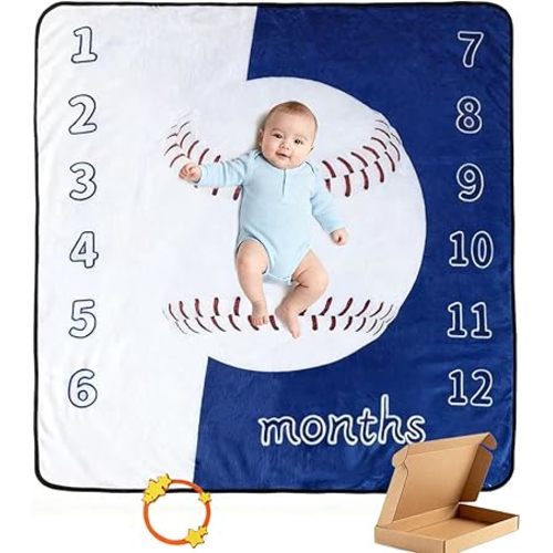 Baby Monthly Milestone Blanket Baseball Month Blanket for Newborn Boys & Girls, Soft Flannel Mat with Photo Prop for Baby Shower, Neutral 47x47 Inches