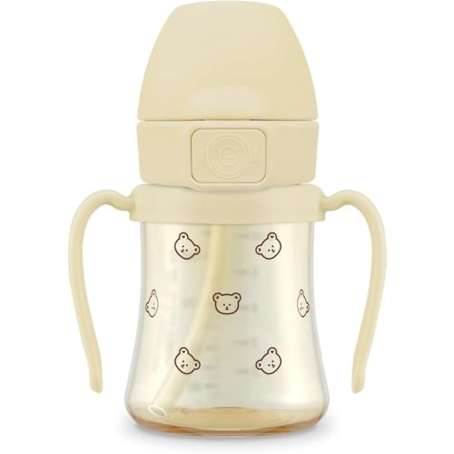 GROSMIMI PPSU Baby Straw Cup Stage 2, 12M+, Spill-Proof, 6oz (Bear)