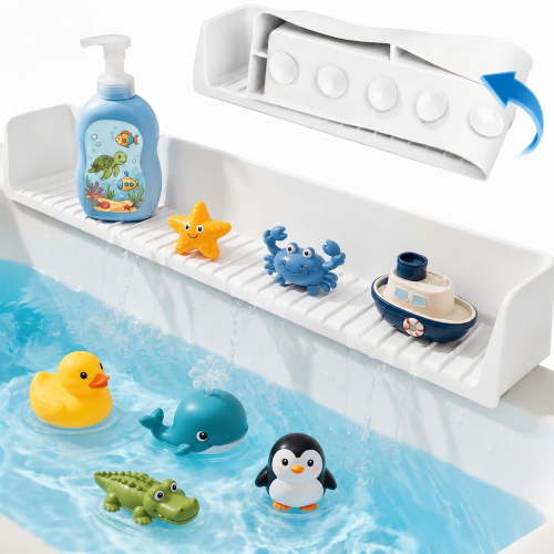 HBK 31.5" Silicone Bathtub Splash Guard & Play Tray, 11-Suction Cup Design with Toy Storage, White (1-pack)