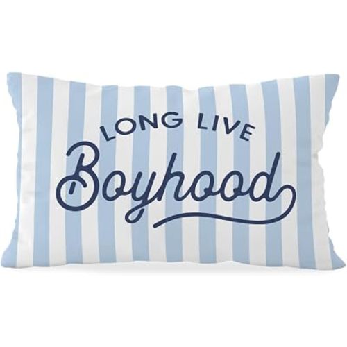 Boys Room Decor Pillow Cover 12x20, Long Live Boyhood Lumbar Pillow Covers, Preppy Blue and White Stripes Decor for Toddler Boys Bedroom Playroom Nursery
