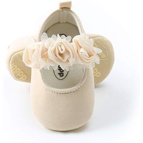 myppgg Baby Girls Mary Jane Flats Floral Princess Dress Crib Shoes Non-Slip for Toddler First Walkers, C/Beige, 0-6 Months Infant