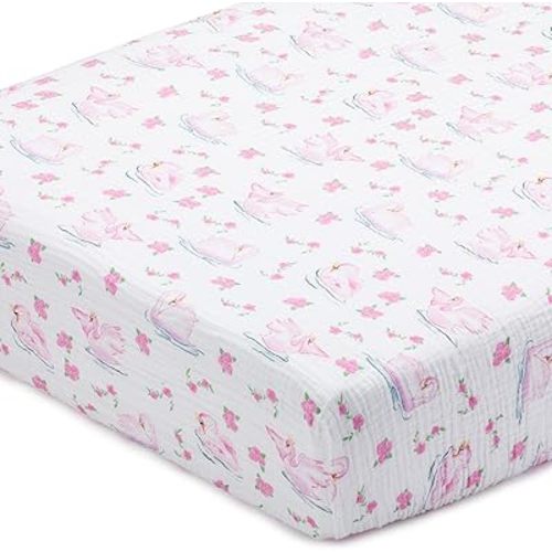LollyBanks Baby Girl Crib Sheets 1 Pack, 100% Cotton Soft and Breathable Muslin Crib Sheets for Standard 52"x28" Mattress, Cozy Toddler Bed Sheets, Baby Registry Must Haves (Swan Print)
