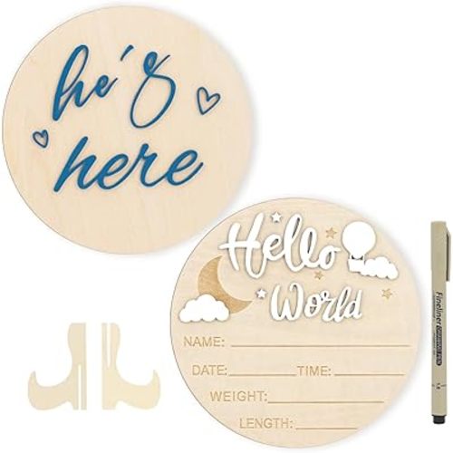 2PCS Hello World Newborn Sign and he's here, Gender Reveal Welcome baby Announcement Sign Board Wooden Birth Name Announcement Plaque and Pen for Baby Shower Photo Props Hospital Nursery