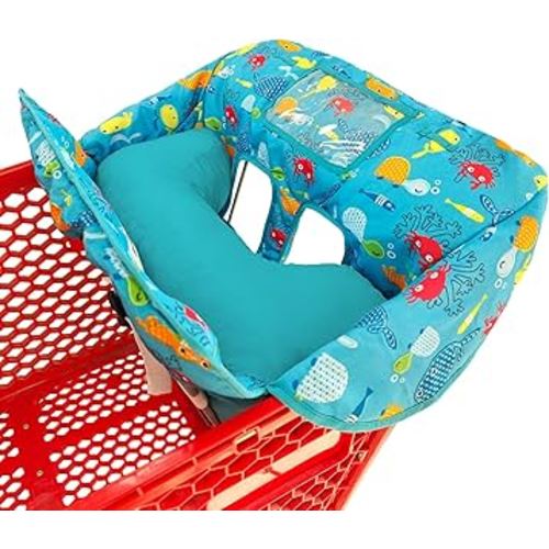 Soft Pillow Attached 2-in-1 Shopping Cart and High Chair Cover for Baby~Padded~Fold'n Roll Style~Portable with Free Carry Bag (Blue Seaworld)