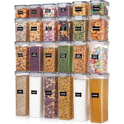 Airtight Food Storage Containers with Lids, Vtopmart 24 pcs Plastic Kitchen and Pantry Organization Canisters for Cereal, Dry Food, Flour and Sugar, BPA Free, Includes 24 Labels，Black