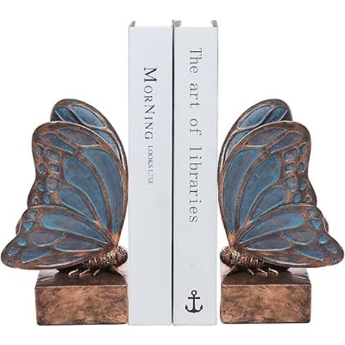 Vintage Blue Butterfly Bookends,Resin Book Ends for Shelves,Heavy Duty Decorative Bookends,Creative Book Stopper Holder Decor for Desk Home Office,Shelf Decoration,Gifts for Mother's Day