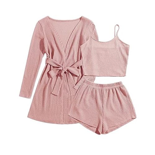 Ekouaer Pajamas for Women Set 3 Piece Lounge Set Soft Pajama Sets Waffle Knit Tank Top and Shorts Cardigan with Pockets S-XXL