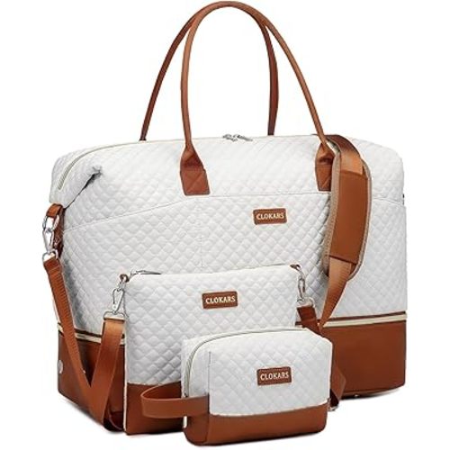 Travel Bag for Women, Weekender Bags Large Carry On Overnight Bag Duffel with Separate Shoes Compartment & Strap, Hospital Bags for Labor and Delivery, Beige Brown