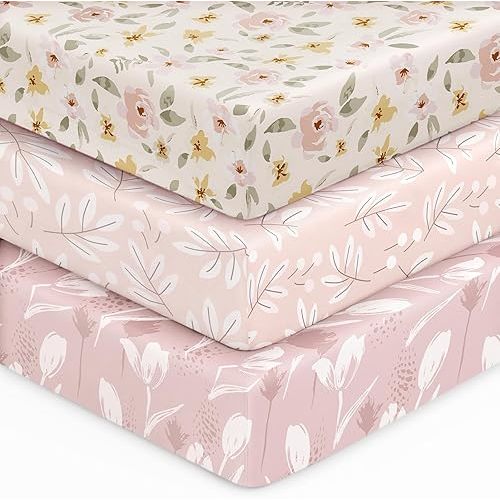 Baby Crib Sheets for Boys Girls, 28x52x8in Fitted Crib Sheet Neutral 3 Pack for Standard Crib and Toddler Mattress, Breathable Soft Microfiber Baby Sheet Pink Flowers & Leaf
