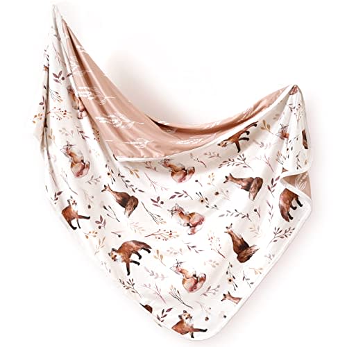 GRSSDER Baby Blankets Super Soft Stretchy Jersey Knit Swaddle Blanket for Girls and Boys, Double Layer Reversible Receiving Blankets 34 x 44, Extra Large for Swaddling, Pretty Fox Pattern