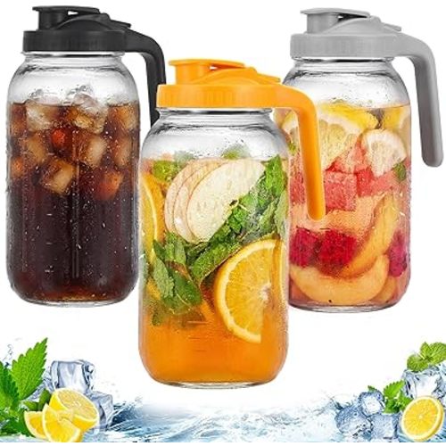 3 Pack Glass Pitchers with Lid, 64 oz Sun Tea Pitcher, Half Gallon Mason Jar Pitcher with Wide Mouth Airtight Lid for Ice Tea, Cold Brew Coffee, Fridge Water, Milk, Juices, Leak Proof Water Jug