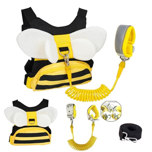 MTOMUYA Toddler Harness with Anti Lost Wrist Link - 3-in-1 Baby Safety Leash Backpack, Adjustable Kids Walking Belt with Pocket,Child Locking Wristband for Boys & Girls for Outdoor Travel, Yellow Bee